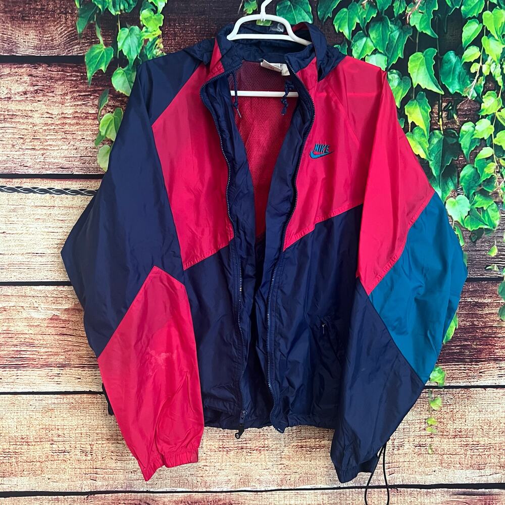 Vintage 1980s Nike Windbreaker Jacket Medium Fits XL 2XL Full Zip Packable Hood